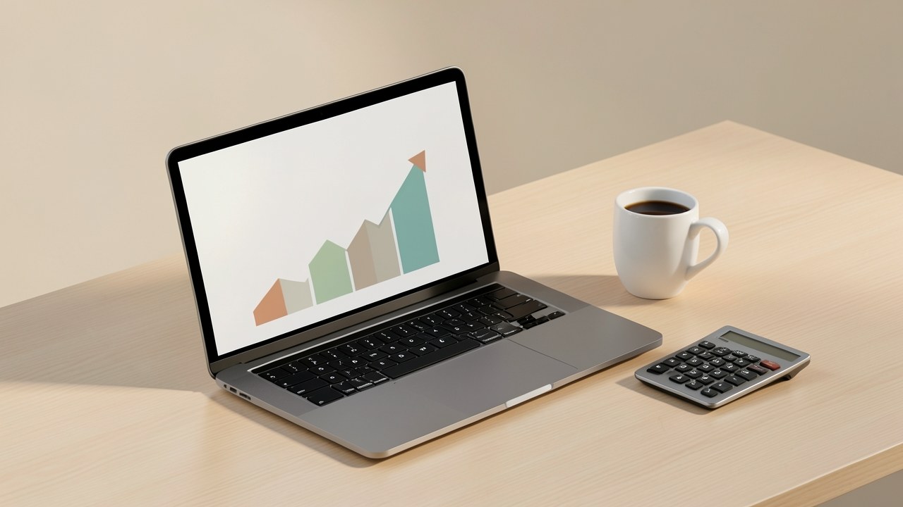 A clean desk with a laptop screen showing a simple line chart trending upward, next to a warm cup of coffee and a small notepad with a calculator.