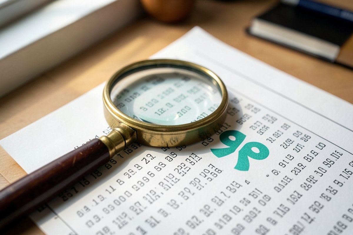 A magnifying glass over a document with lines and a highlighted percentage sign, suggesting financial terms are being inspected.
