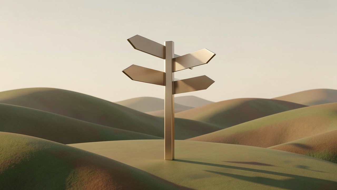 A crossroads sign with several arrows pointing in different directions, set against a calm landscape, suggesting options and choices.