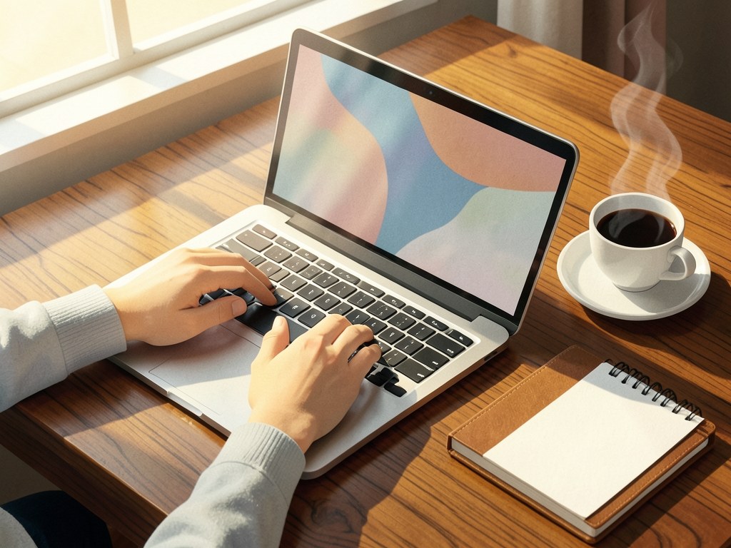 A person's hands typing on a laptop with a cup of coffee and a notebook, implying an online application process.