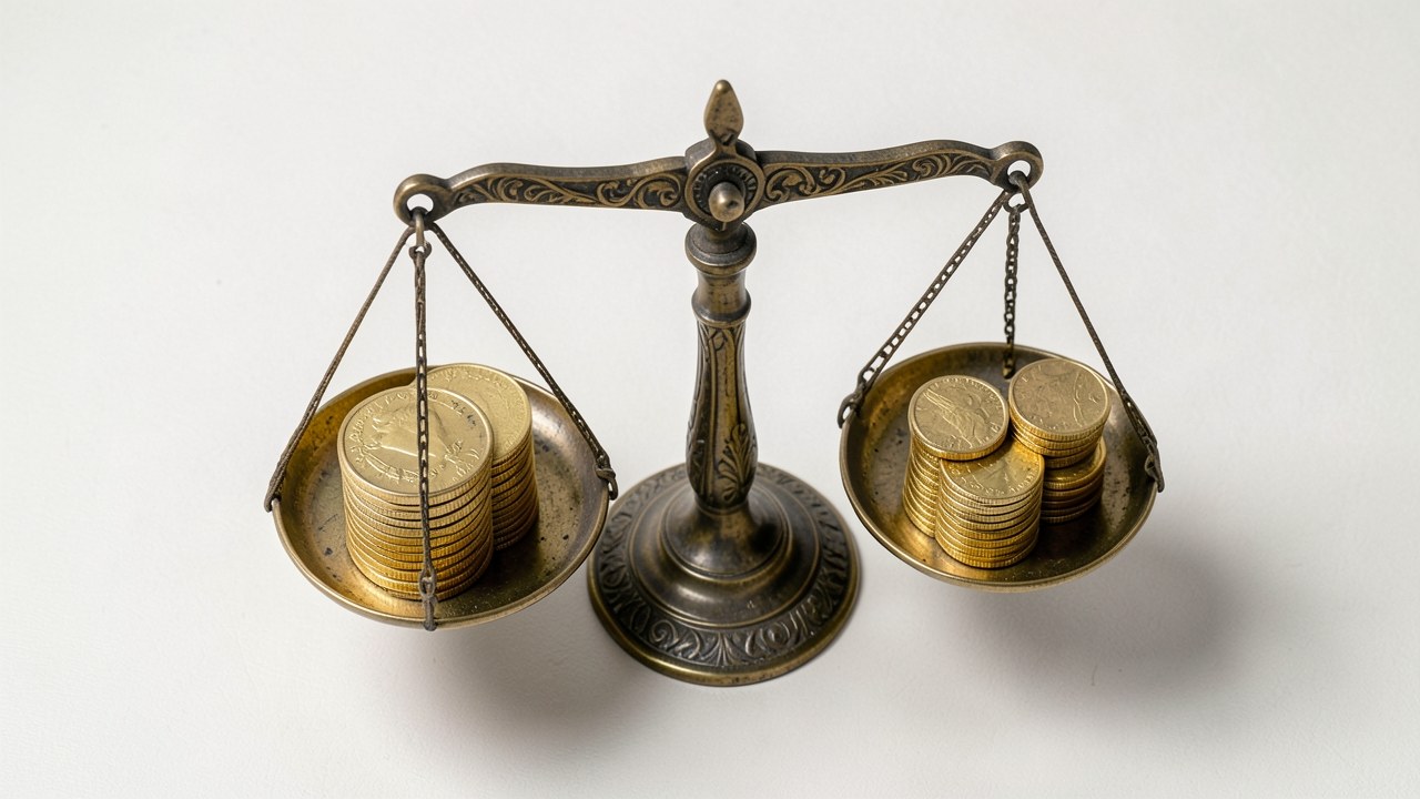 A vintage scale balancing two stacks of coins, set against a clean background, representing comparison and balance.