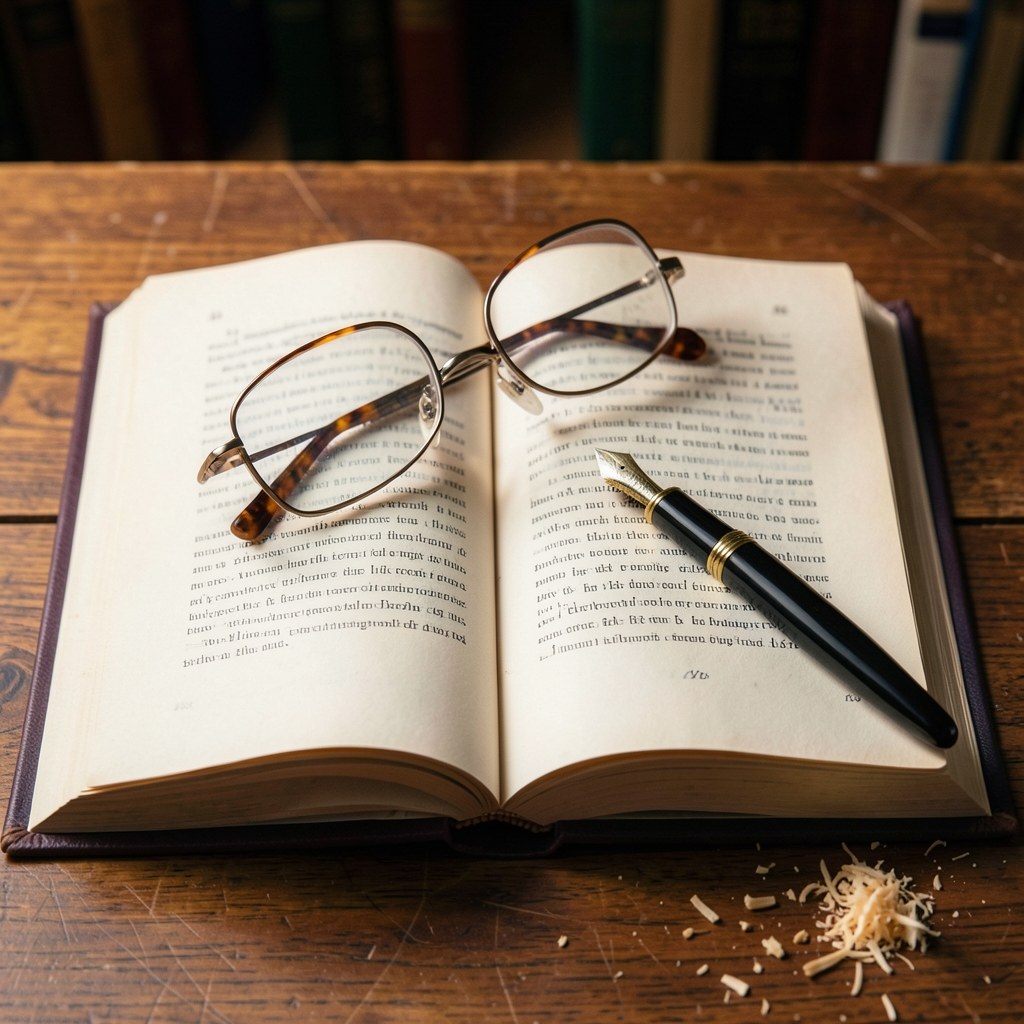 A close-up of an open book with a pen and reading glasses on top, indicating education and editorial work.