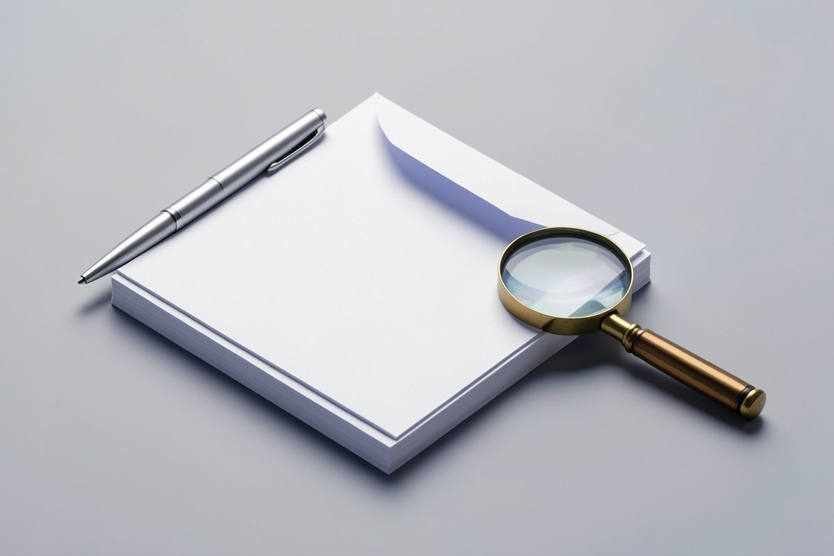 A stack of neatly arranged papers with a folded corner, next to a pen and a small magnifying glass, representing editorial standards.