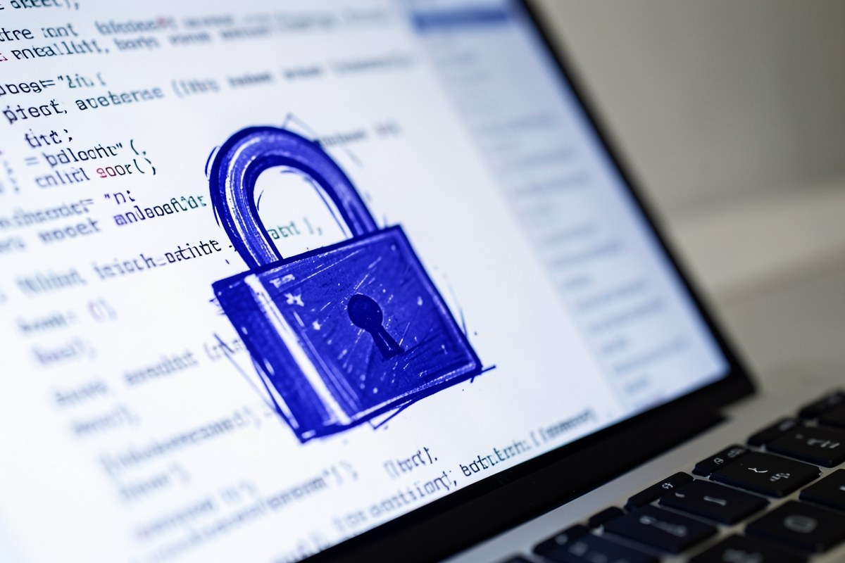 A padlock icon on a laptop screen, with soft-focus code in the background, representing data security and privacy.