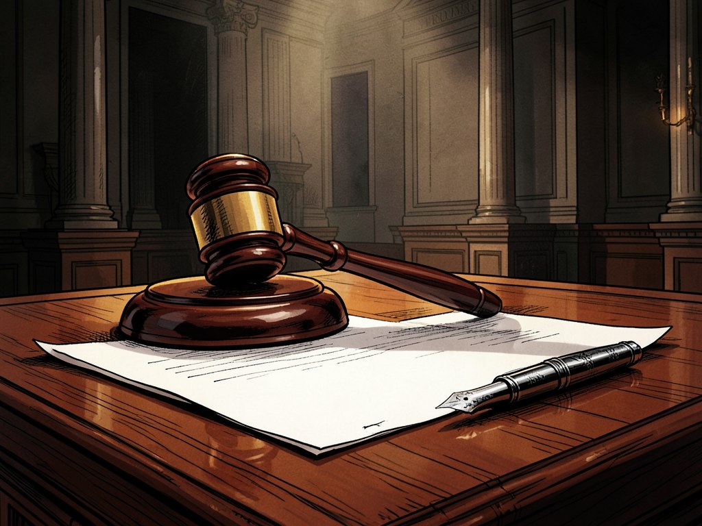 A gavel and a document with a fountain pen, placed on a polished wooden surface, symbolizing legal terms and agreements.