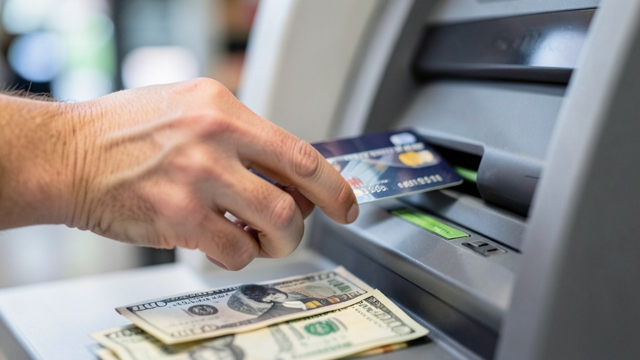 A hand holding a credit card near an ATM, with a few dollar bills in the foreground, representing a cash advance.