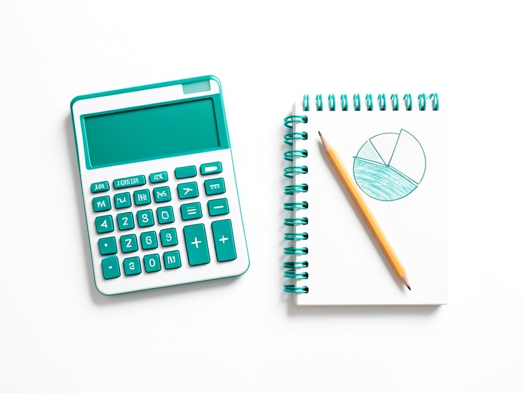 A calculator next to a pencil and a notebook with a small pie chart, representing cost calculation.