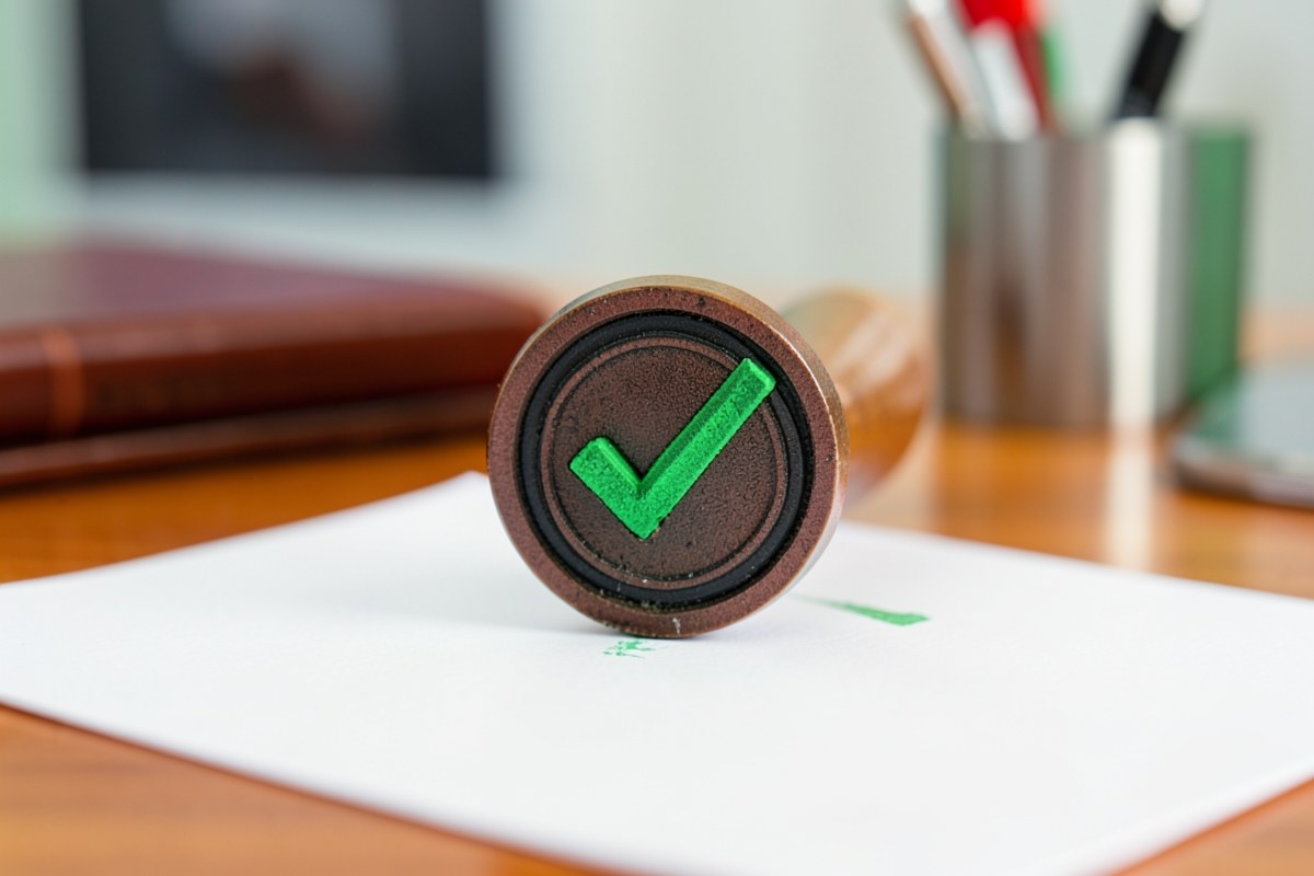 A stamp that says 'approved' (iconic) on an abstract document, with a green checkmark, symbolizing loan approval.
