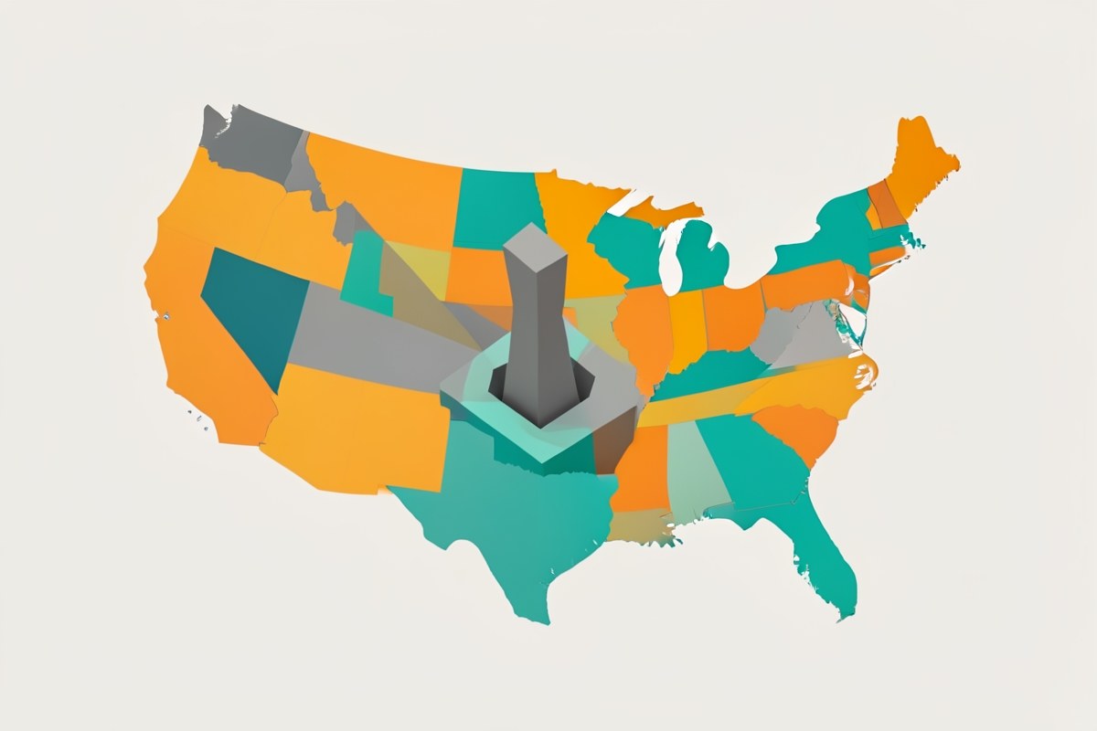 A map of the United States with some states highlighted in different colors, symbolizing varying state laws.