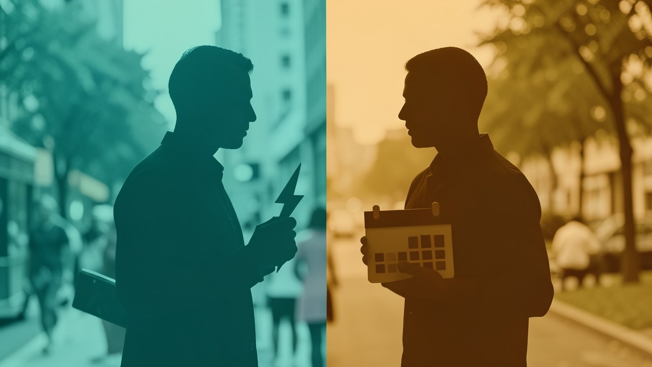 Two figures facing each other, one with a lightning bolt and the other with a calendar, symbolizing a comparison between two loan types.
