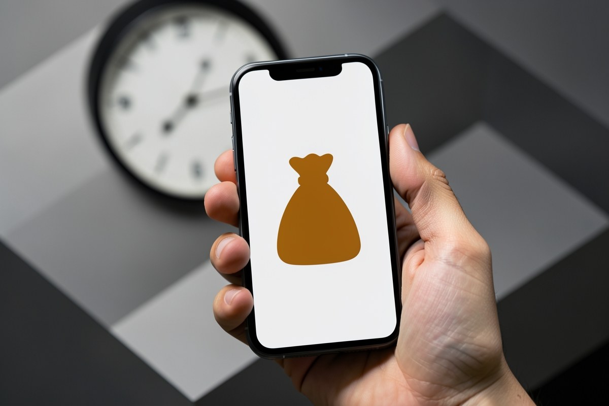 A hand holding a smartphone with a money bag icon on the screen, and a small clock in the background, symbolizing instant cash.