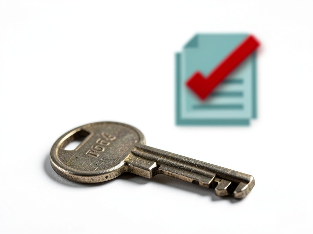 A checkmark crossing out a credit report icon, with a key in the foreground, symbolizing loans without credit checks.